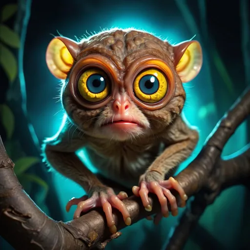 Prompt: Tarsier with glowing eerie eyes and a intense beam of light coming from them, in alien style, masterpiece, best quality, background deep ocean