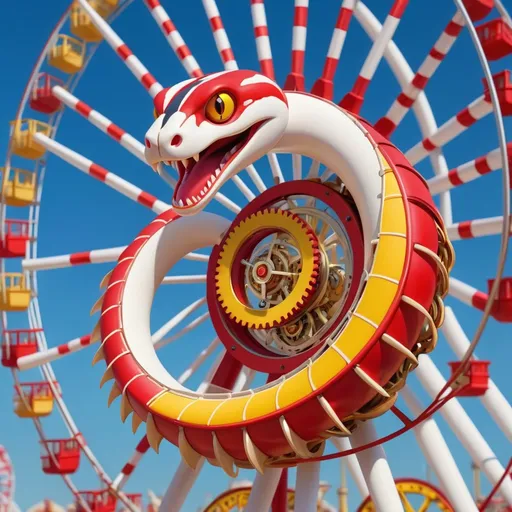 Prompt: Snake in vivid bright colors of red white and yellow with clockwork-like gears and spikes, curled around a ferris wheel, masterpiece, best quality