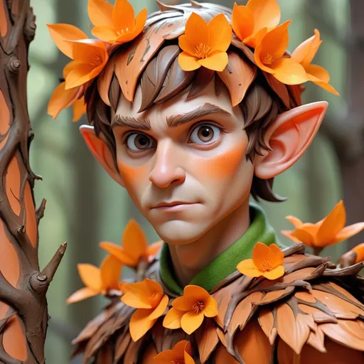 Prompt: Elf with brown bark skin and covered in orange petals and brown ragged branches, Masterpiece, Best Quality, background Forest