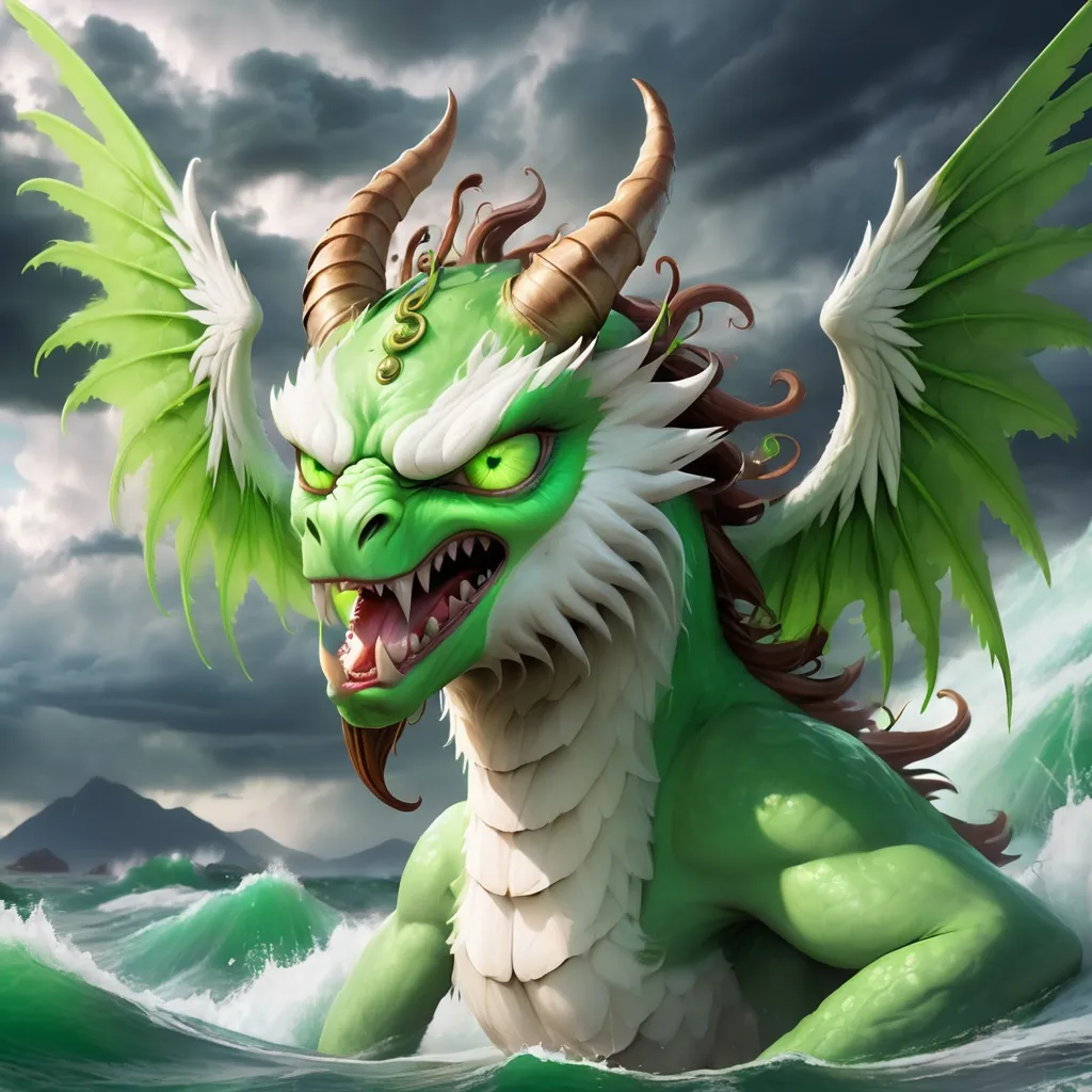 Prompt: white and lime green Sea Monster with angry green eyes a green halo and horns and brown-green feathered wings with a curled tendril, best quality, background stormy skies