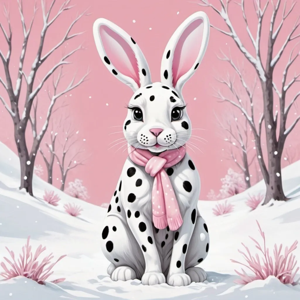 Prompt: Snow Bunny with White and pink palette with background in dalmatian art style