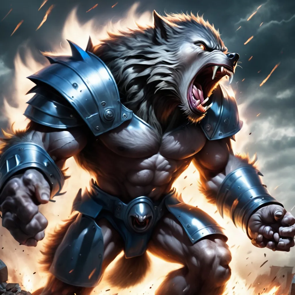 Prompt: Armored werewolf roaring a blast that causes tornados and winds to knock everything away in a Sonic Blast 