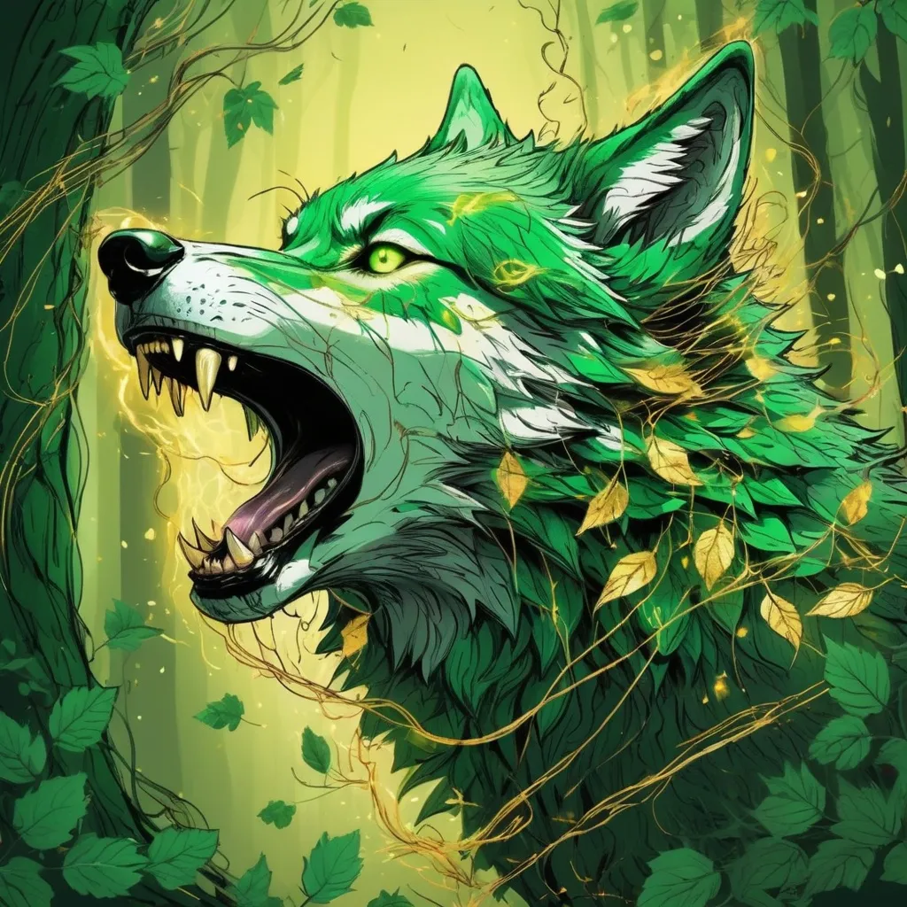 Prompt: Vivid green wolf covered in vines and leaves opening their mouth and firing a beam of glowing gold and green out, in scribble art style, background forest
