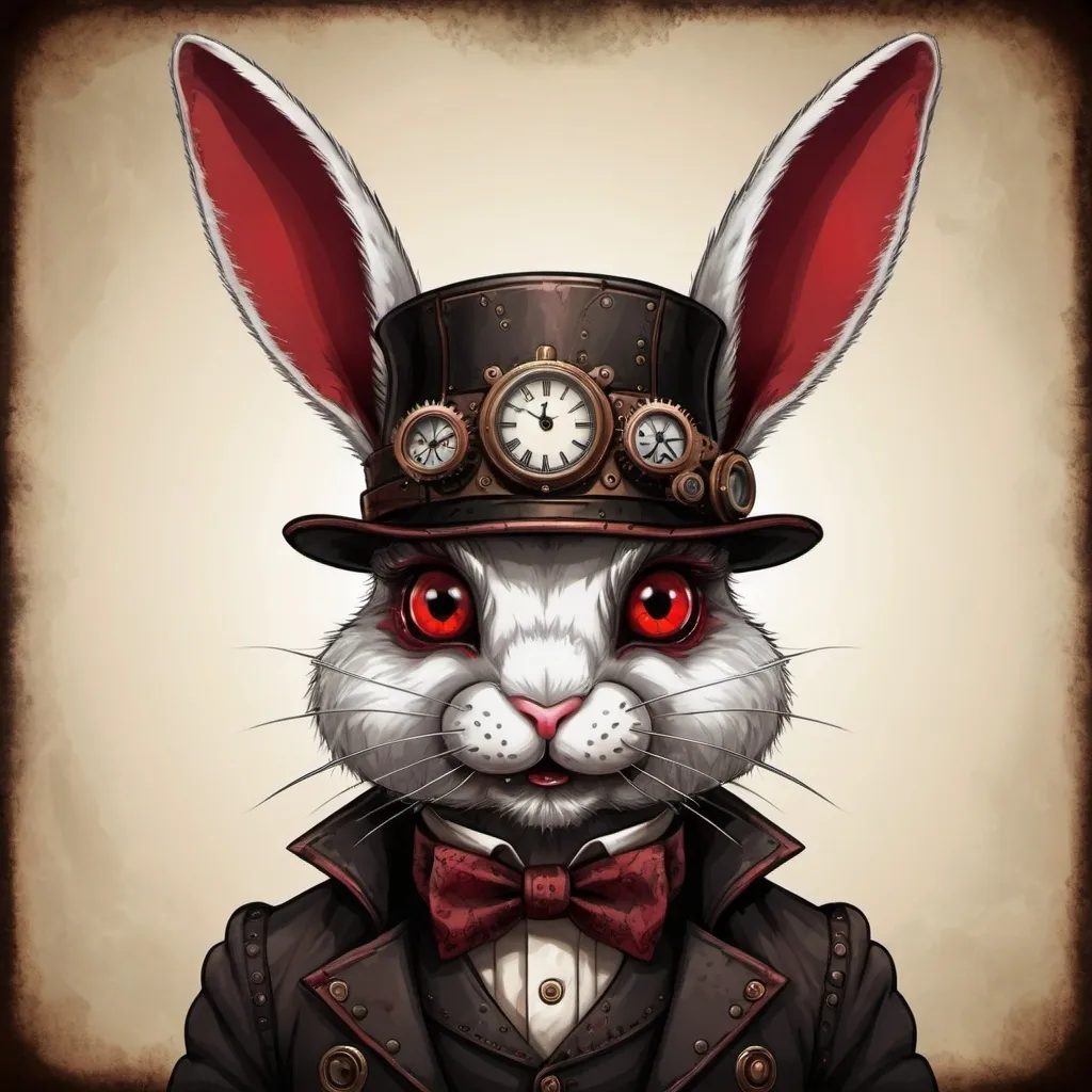 Prompt: Evil little rabbit with crimson eyes in steampunk art style