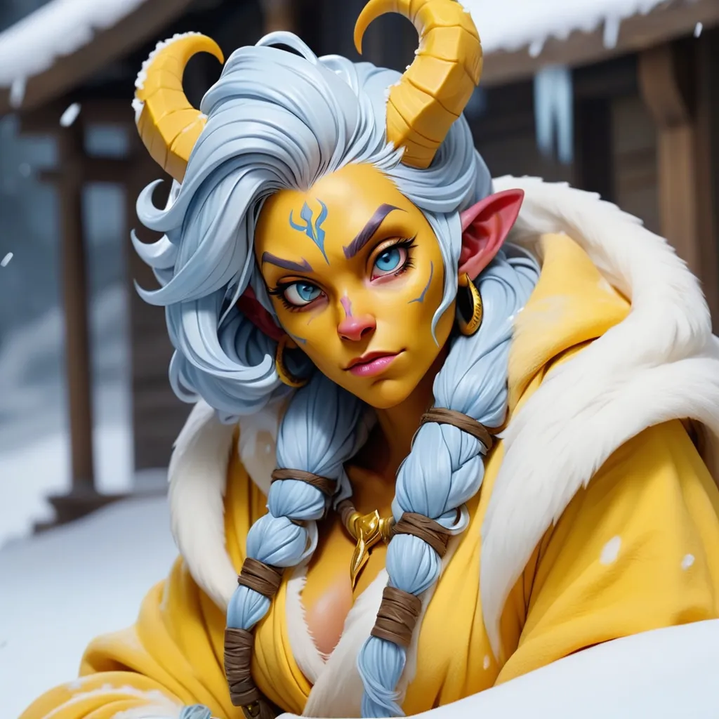 Prompt: Tiefling with ice blue skin and hair wrapped in a fur robe of yellow and white, chilling in the snow, masterpiece, best quality
