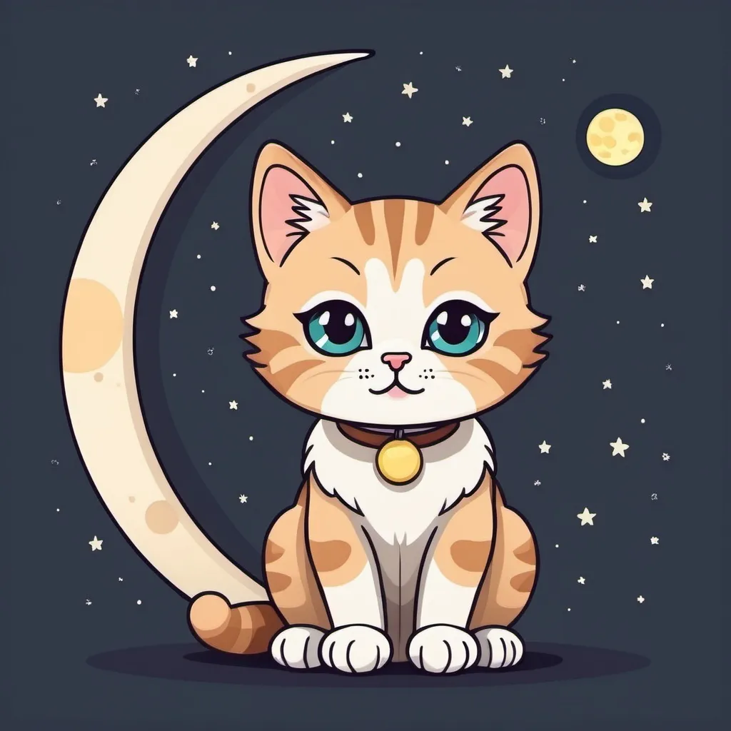 Prompt: tabby cat moon chibi  in flat color art style
