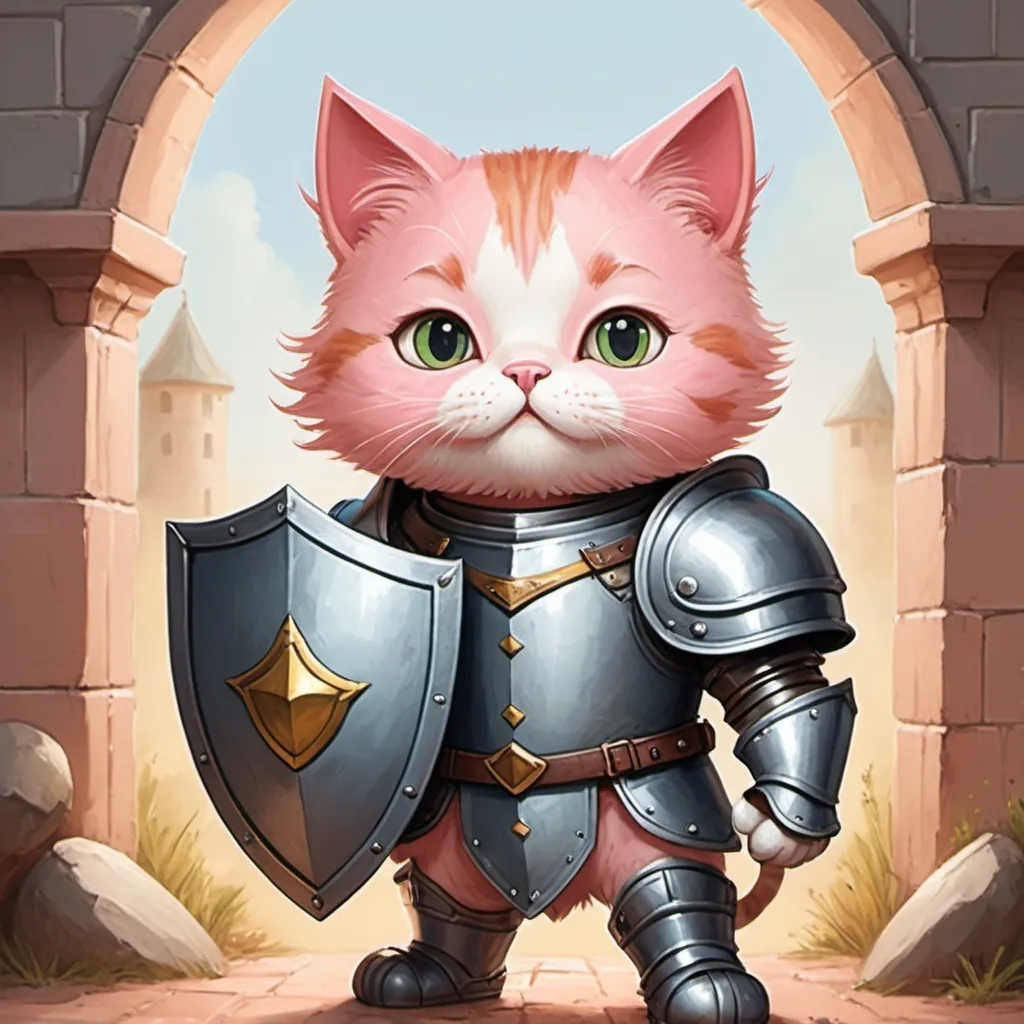 Prompt: A cat defender in full armor and a giant shield, in card art style
