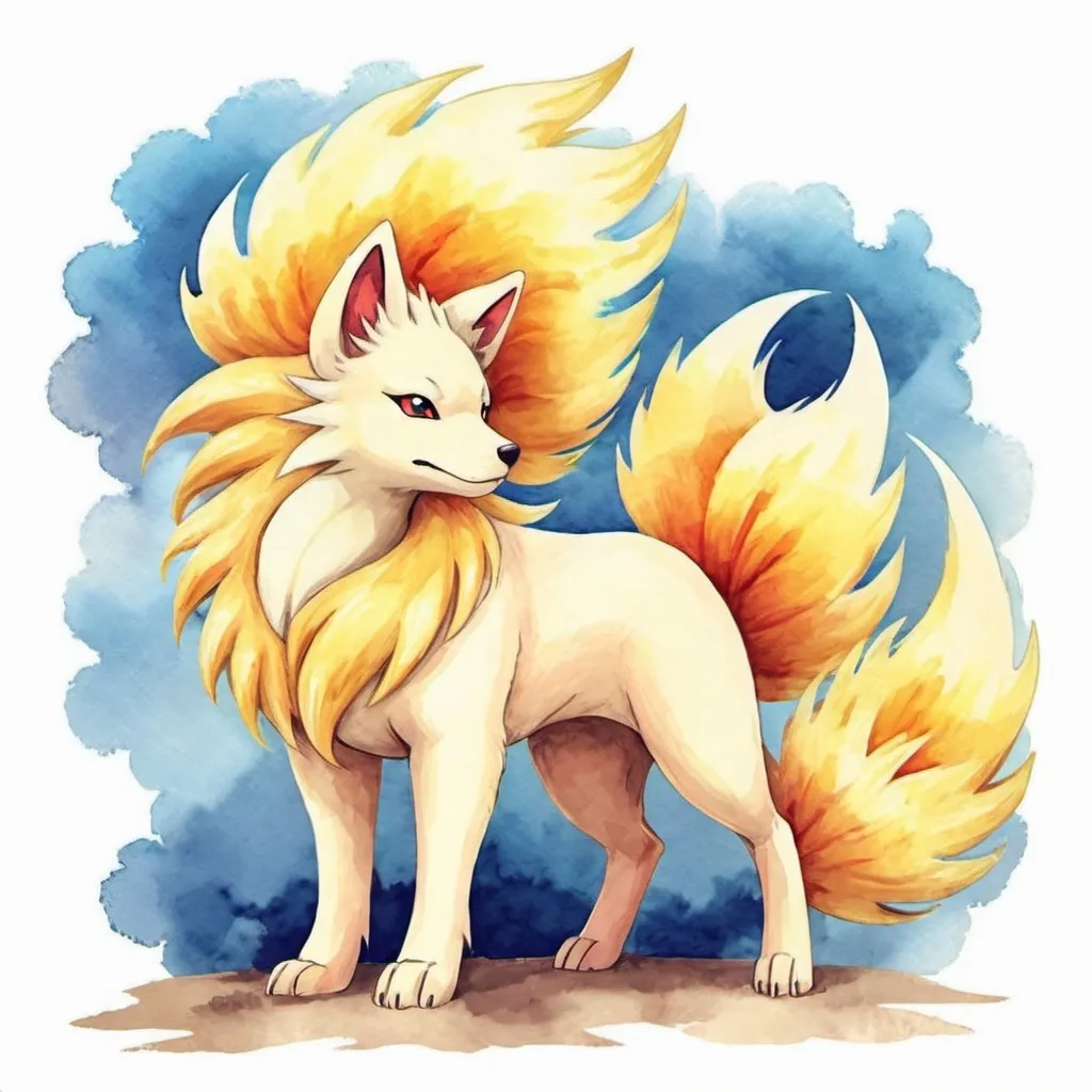 Prompt: Ninetales super fluffy, in watercolor painting art style