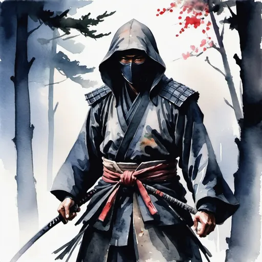 Prompt: Ronin cloaked in shadows, in watercolor painting art style
