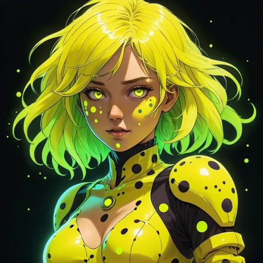 Prompt: Plasma Anime Girl with yellow skin covered in glowing neon-yellow spots and frizzy yellow hair wearing a battle-dress made out of a Plasma yellow with neon yellow spots, background glowing dark, in comic art style
