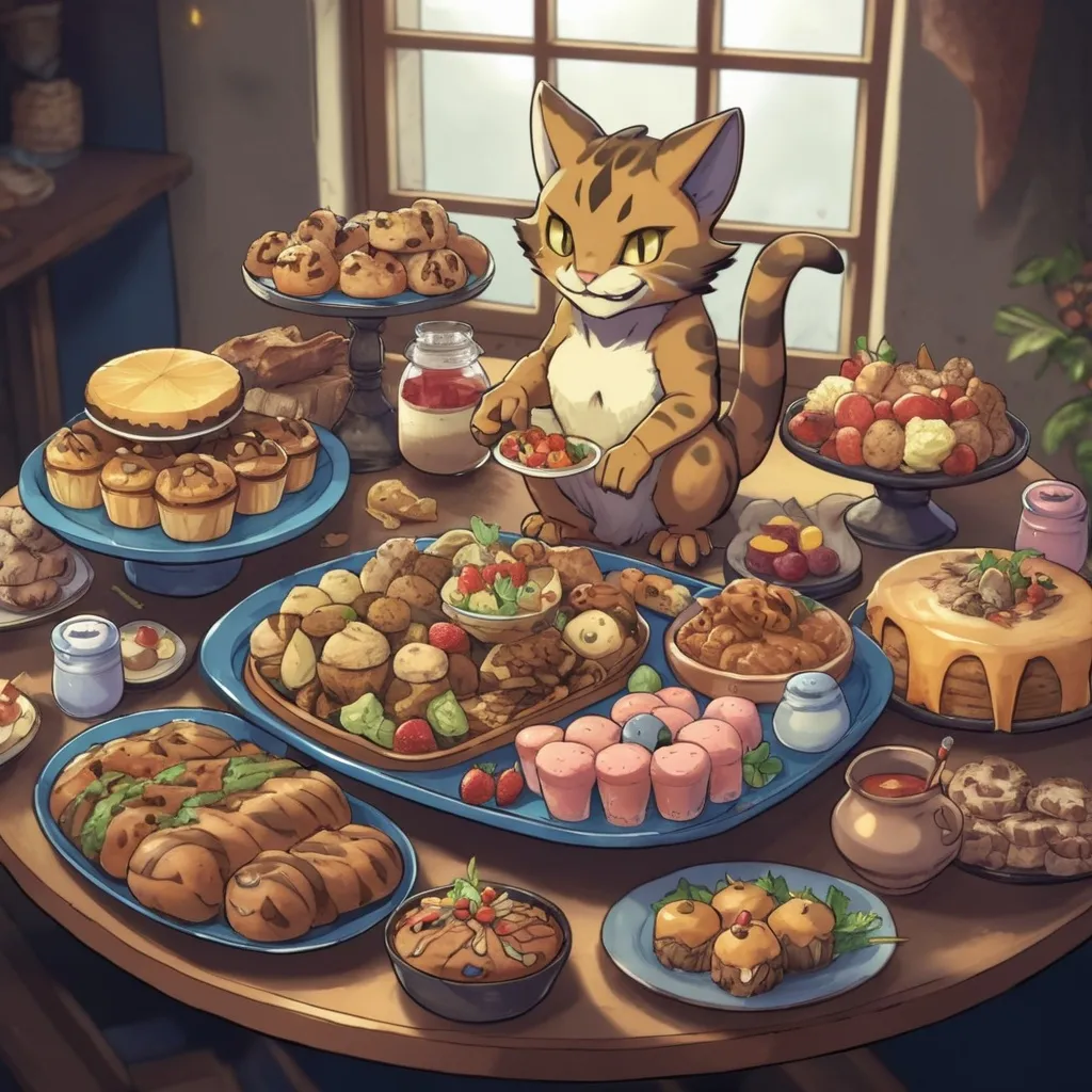 Prompt: A Banquet tray full of yummy goodies, held by a Khajiit, in pokemon art style
