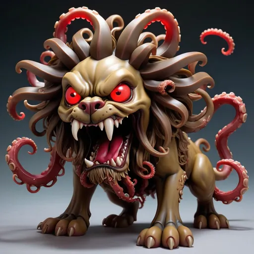 Prompt: Abysmal Fu Dog in various shades of brown with a mane made up of writhing tentacles and glowing red eyes, nightmare, best quality, masterpiece