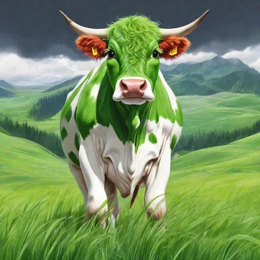 Prompt: Cow, grass-green fur, grass green curly hair, solid red eyes, happy in the mountains, masterpiece, best quality