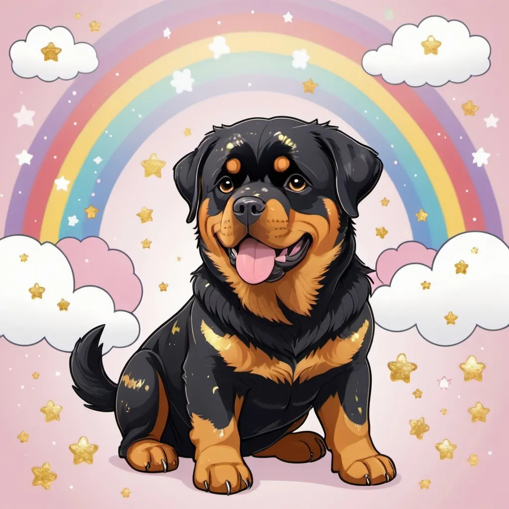 Prompt: Rottweiler in gold and silver fur, in dokukawaii art style, background rainbows