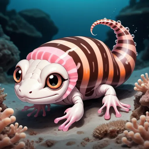 Prompt: cobra with pink-orange scales with dark-brown stripes and covered in a translucid white sea slug-like membrane existing the ocean floor in chibi art style