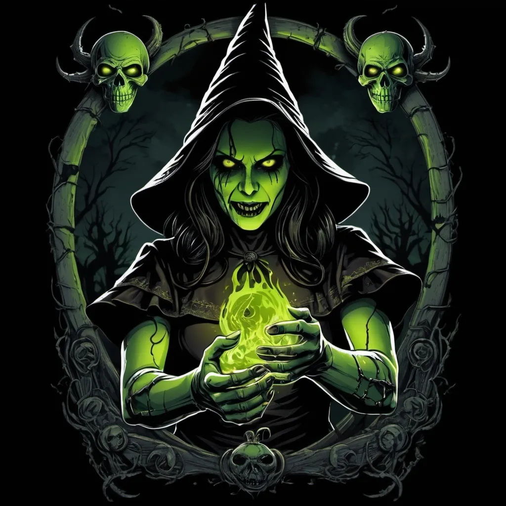 Prompt: Wicked Pact in Horror t-shirt design art style