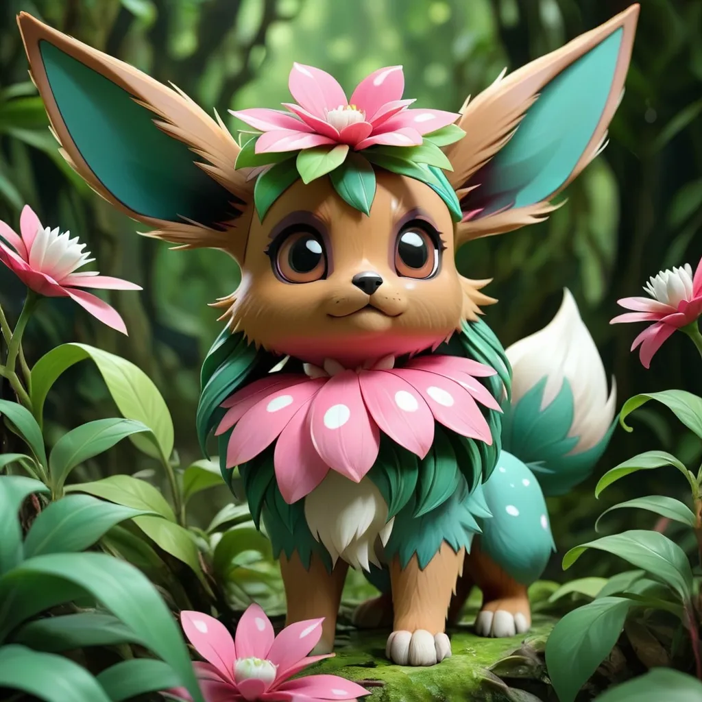 Prompt: Teal colored eevee with a large pink with white spotted flower growing out of their back with jagged leaves and green vines that wrap around everything, background jungle, masterpiece, best quality