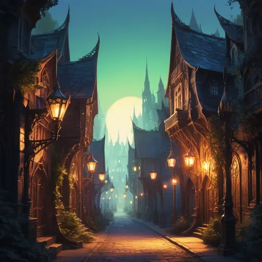 Prompt: Streetlights of iron and crystal in a summer elven city glowing brightly as shadows gather, in spectral art style 
