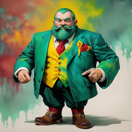 Prompt: Dwarf, Wearing Producer's Jacket, tie-dyed in colors of vivid sea-green green yellow and red, masterpiece, best quality, in dada art style
