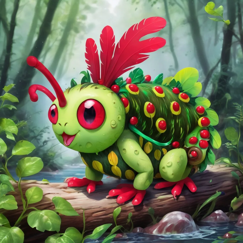 Prompt: Kiwi Caterpie with green feathers and red Y horn, Type is Bug/Water, best quality, masterpiece, background forest