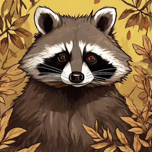 Prompt: Raccoon, chocolate brown fur with darker colored leaves growing from head, solid yellow eyes, plant-like, masterpiece, best quality, in anime art style