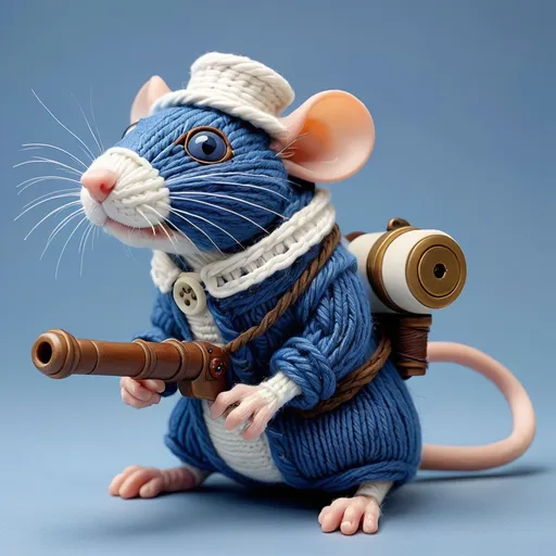 Prompt: Rat of blue and white and covered in yarn with a button eye and a cannon on their back, masterpiece, best quality