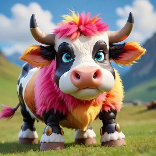 Prompt: Tuffle Cow that is highly advanced technological cow with vivid fur color and high tech weapons, masterpiece, best quality