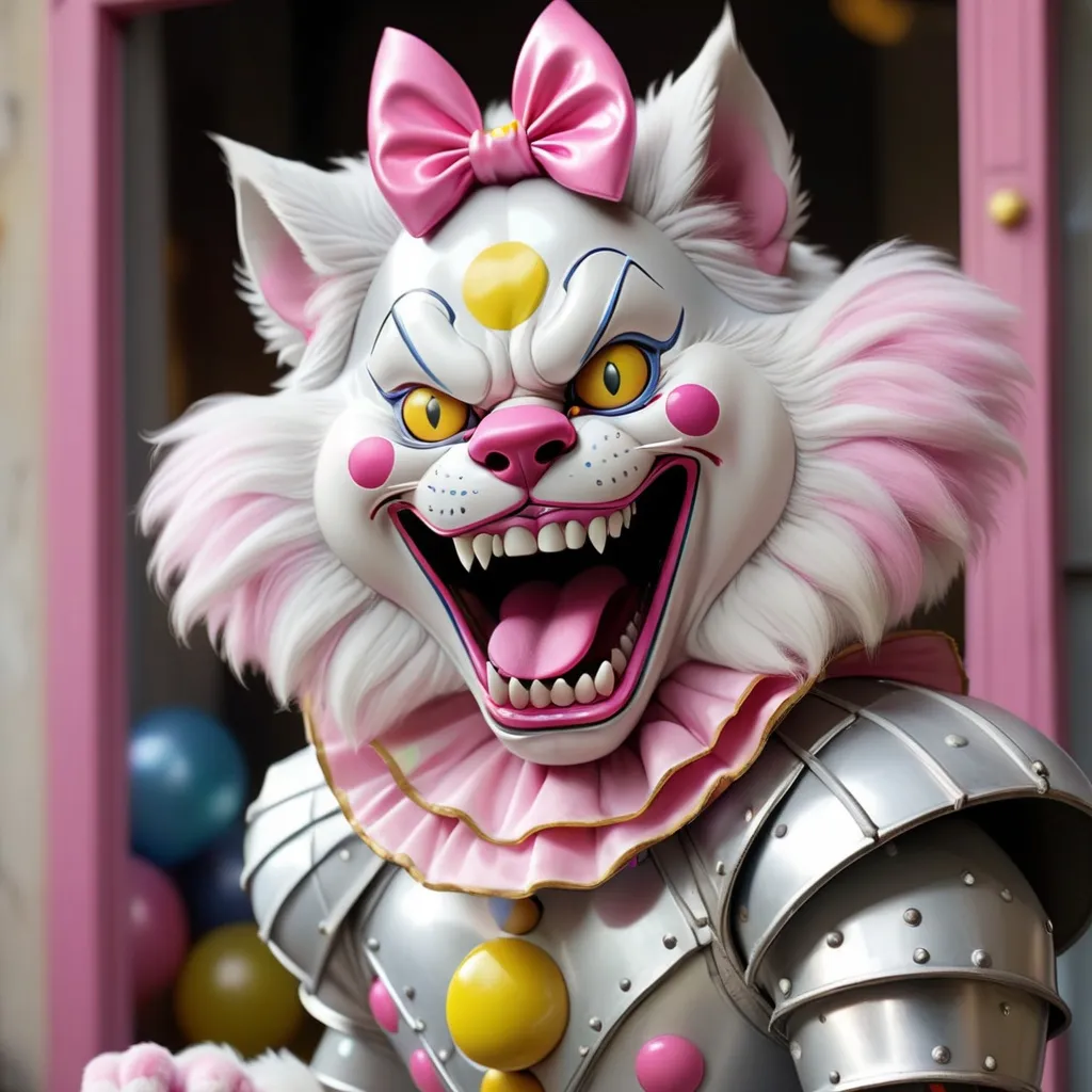 Prompt: silver and white furred Thundercat that is clown-like with a pink bow and yellow pointed shoes sticking their tongue out and wearing mirror armor, background fancy store, best quality, masterpiece