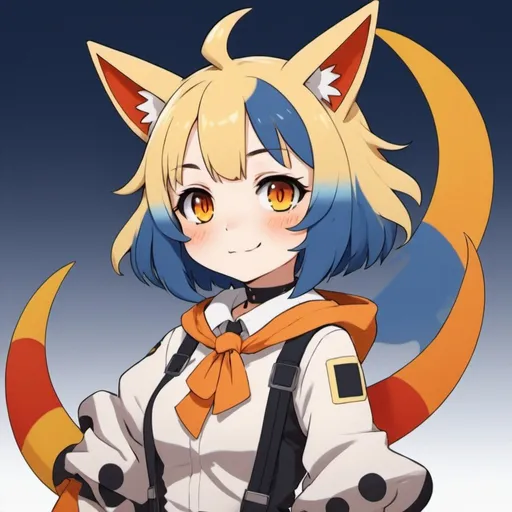 Prompt: Lunatick with orange-yellow red-orange and medium-blue palette in in kemono friends art style