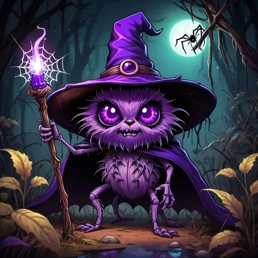 Prompt: Cute spider with glowing violet fluffy fur and dark purple witch hat and cape holding a glowing violet and brown wand with spider legs glowing with white-violet energy and glowing eyes and jagged fanged glowing mouth in the dark swamp with vines in coloring book art style