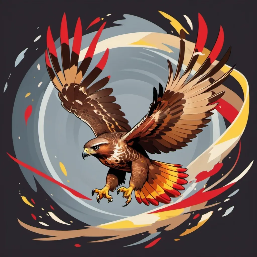 Prompt: A brown and tan hawk with vivid red and yellow crest and tail flying in a whirlwind with mirror shards swirling around, in card art style
