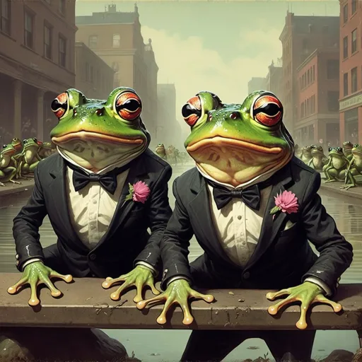 Prompt: Invasion of the Punk Frogs, in vintage art style
