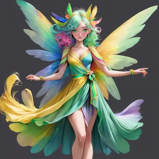 Prompt: A rainbow fairy with a feathered pastel rainbow mane and green and gold wings Wearing a wrap around dress with a asymmetrica closing tied with a ribbon in blue-gray with green and gold markings
