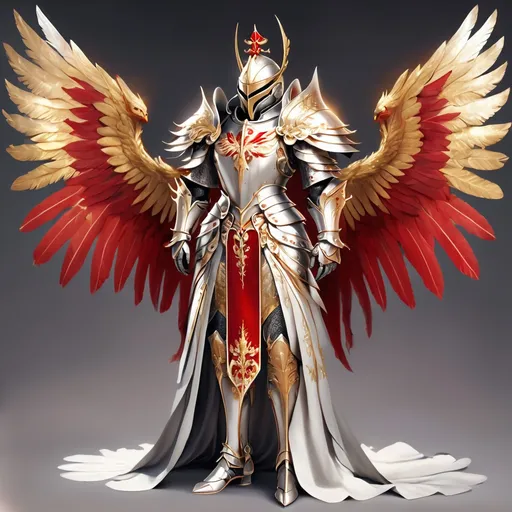Prompt: A holy Knight with golden and red feathered wings in a close fitting Sheath dress usually ending near the knee in silver and gold