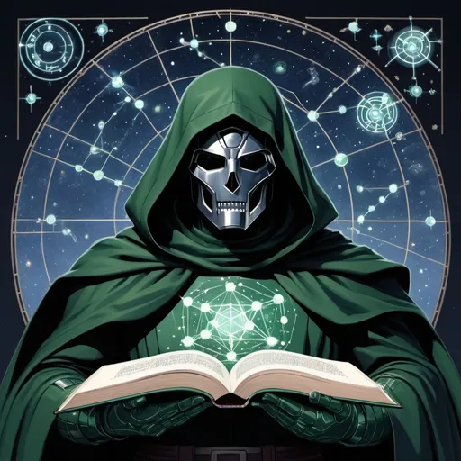 Prompt: Dr. Doom with a book that brings forth constellations in Pearl art style
