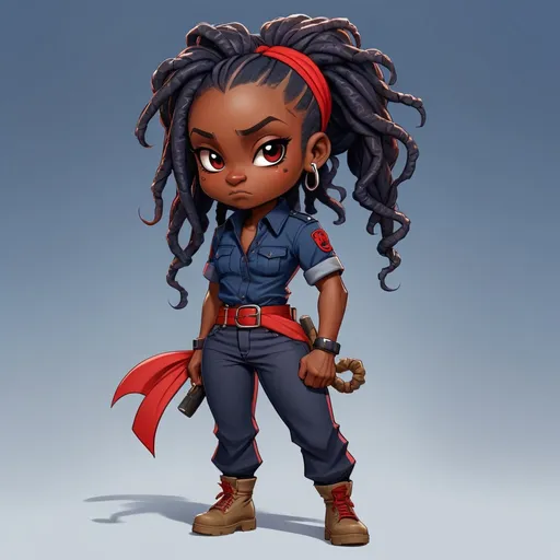 Prompt: Abante is a red guard with dark skin and dreadlock ponytail wearing navy blue pants and shirt with red cloth belt and she's a poisoner, in chibi art style