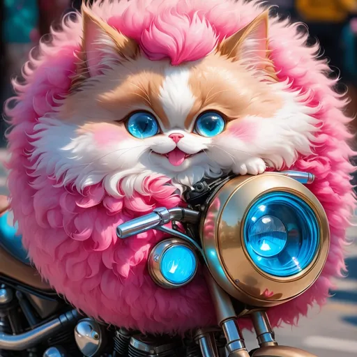 Prompt: Fluffy cute ball of a Motorcycle in bright pink fluff and fuzzys with vivid blue eyes and golden wheels and bronze metal