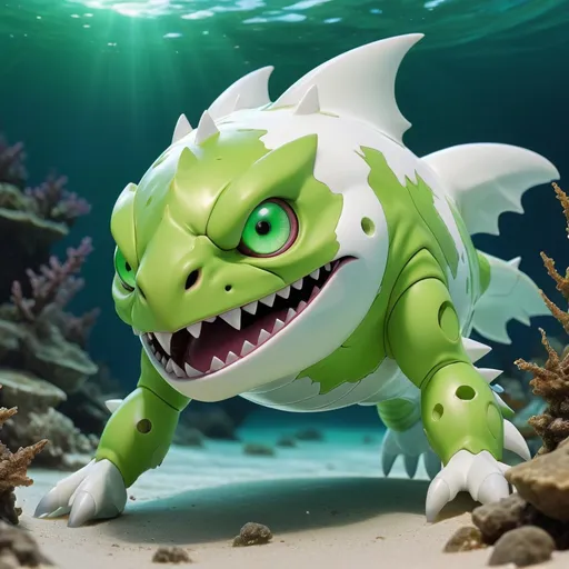 Prompt: A Digimon that only lives in clear beautiful waters It spends most of the day on the water's surface, and when it sleeps, it sleeps with only its face poking out of the surface, colors are vivid green and white, best quality, masterpiece