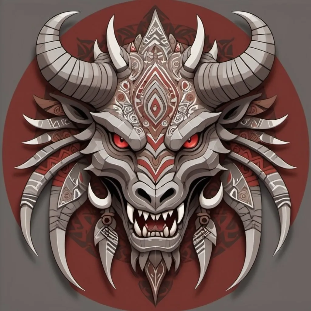 Prompt: Apex Diablos with gray light-gray brown-gray and dusky-red color palette with background in tribal art style