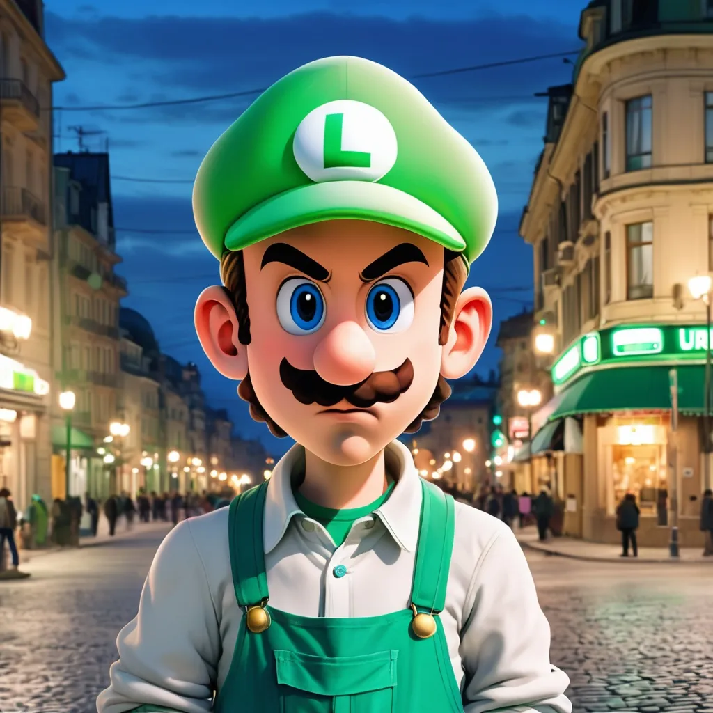 Prompt: Luigi in a Ordinary hat dressed in ordinary boring clothes, background city