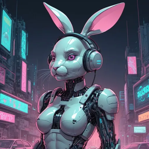 Prompt: digital cyber bunny in Josan Gonzalez  art style
