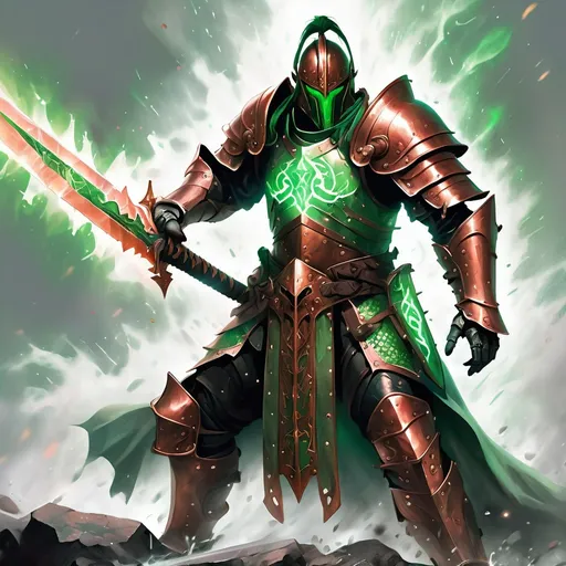 Prompt: Arcanist with glowing green runes  Clad in copper and bronze armor a Copper Broadsword slashing and slicing in the mist of battle, best quality, masterpiece