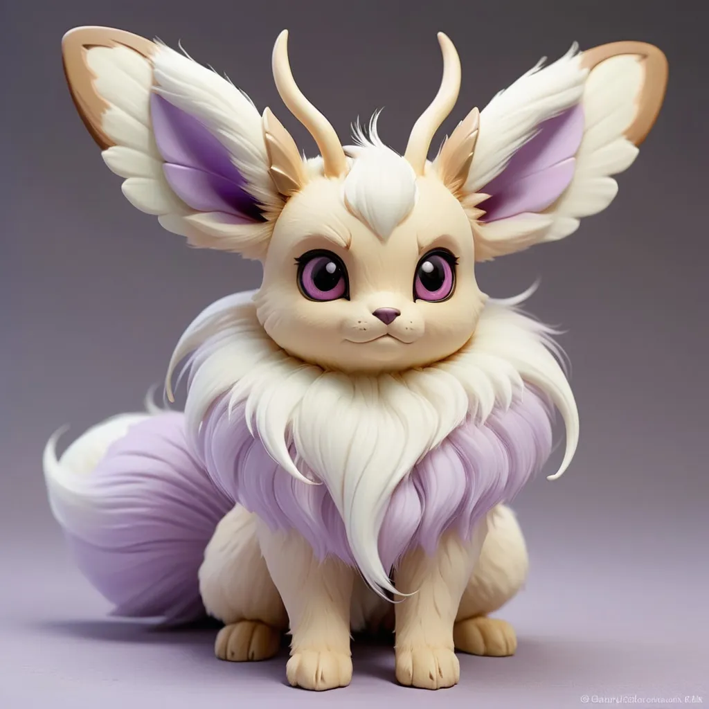 Prompt: Eevee with pale violet fur and three horns and a white moth tail with  pale white moth wings, masterpiece, best quality