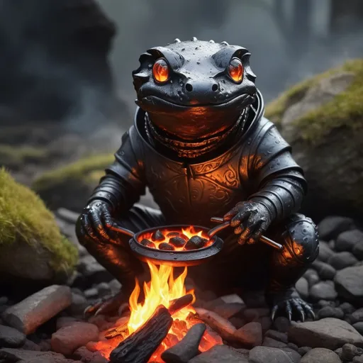 Prompt: Alinor Brazier with burning coals a fire salamander peaks out, in symbolism art style