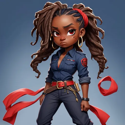 Prompt: Abante is a red guard with dark skin and dreadlock ponytail wearing navy blue pants and shirt with red cloth belt and she's a poisoner, in chibi art style