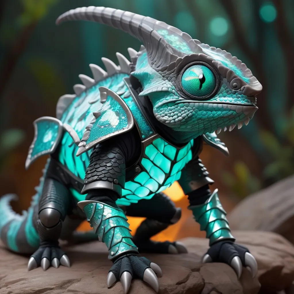 Prompt: Chameleon with luminescent glowing teal scales and sharp horns and wearing evil black and grey armor, coming to get you, best quality, masterpiece