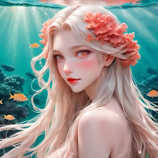 Prompt: Sea Elf with faint fish scales  With Center-Part long hair style straight and silky cascading down the shoulders, portrait, background coral ocean
