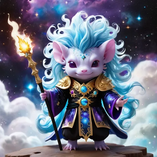 Prompt: Axolotl in ebony black and vivid blue skin with a mane of cosmic blue cloud mane and wearing a elaborate magical cosmic robe of white and purple with gold trim and stars and wielding a ebony staff glowing blue with a cosmic flame, background cosmos