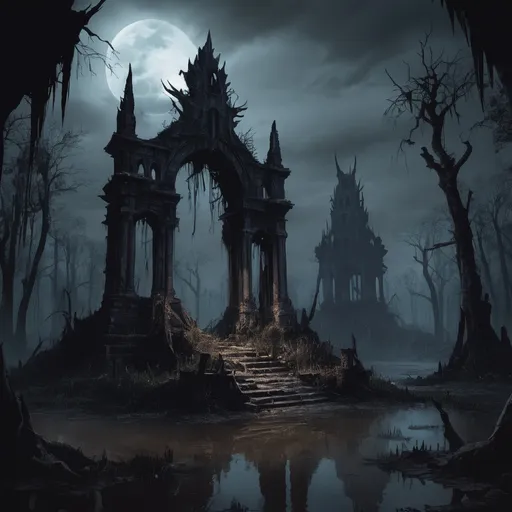 Prompt: Daedric Ruins dedicated to the Prince of Dreams and Nightmares at night in the swamp nightmares become real, in arcane art style
