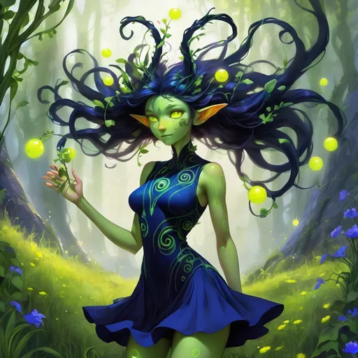 Prompt:  A Dryad-like creature with grass-green tendrils antennae and mane in a short sleeveless dress without a fitted waist that is navy blue and black in color with glowing yellow orbs